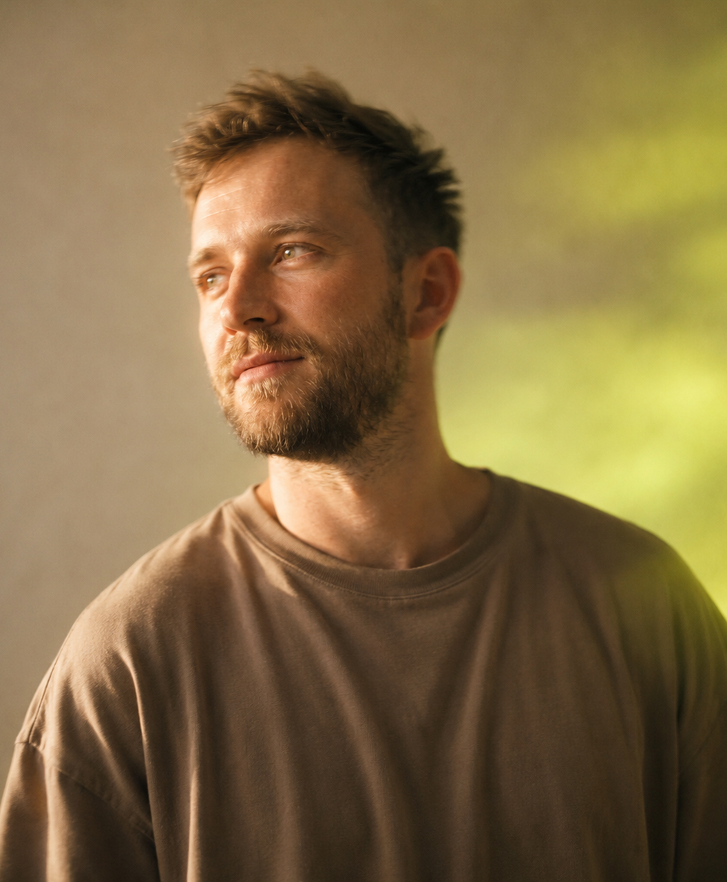 A man looking out in warm light
